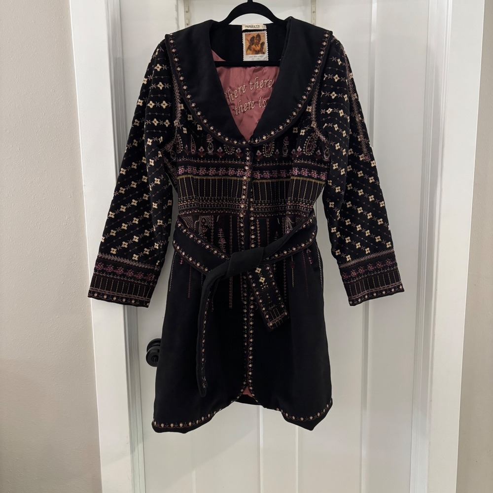 Paparazzi by Bizz Wool Blend Embroidered Belted Trench‎ Coat Jacket XL Bohemian